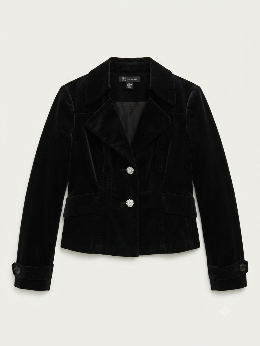 INC International Concepts Black Velvet Blazer Women’s Medium Rhinestone Buttons